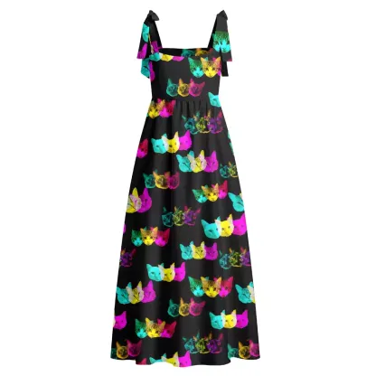 Soulisfree Glitch Art Neon Cat Walk Maxi Dress – Bow Strap