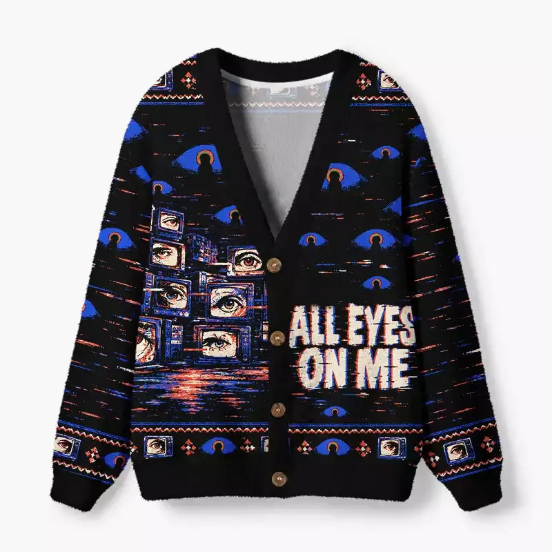 Soulisfree All Eyes On Me Retro Eye Fuzzy Cardigan Sweater