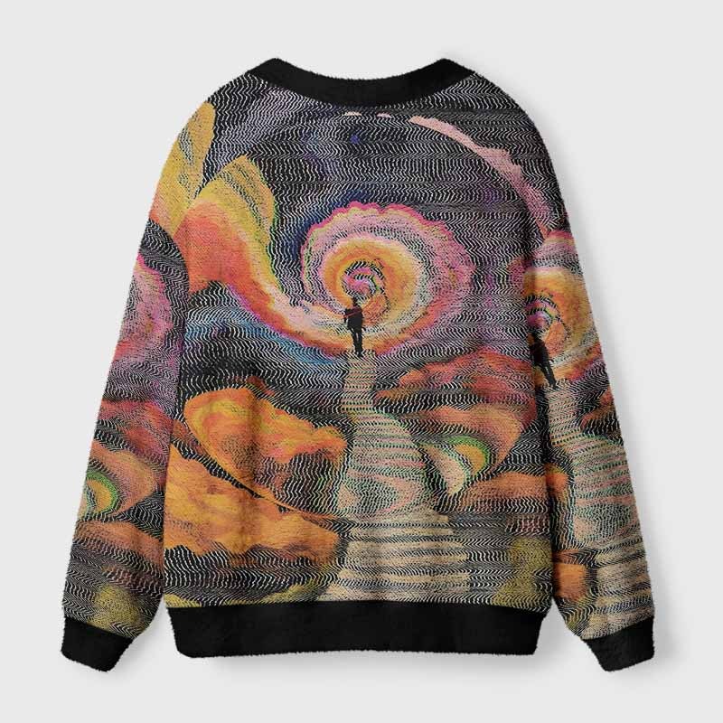 Soulisfree Chromatic Wave Abstraction Fuzzy Cardigan Sweater 