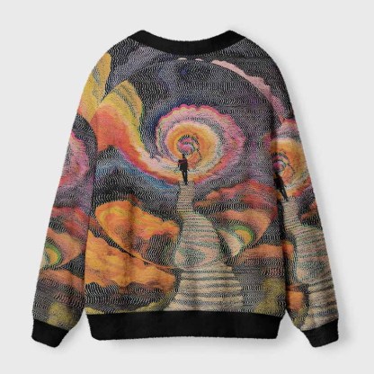 Soulisfree Chromatic Wave Abstraction Fuzzy Cardigan Sweater 