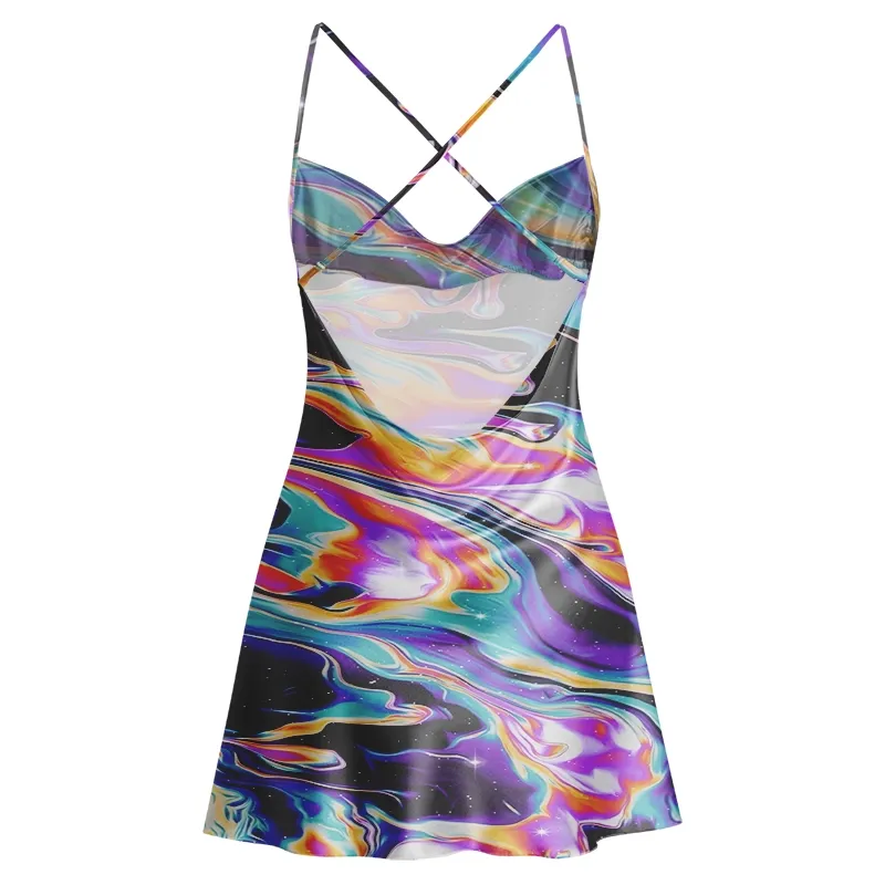 Soulisfree  Neon Galaxy Swirl Cowl Neck Satin Mini Dress