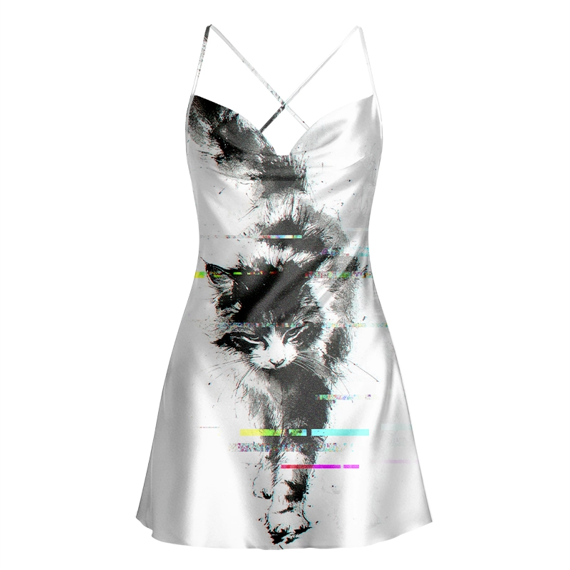 Soulisfree Glitch Black Cat Cowl Neck Satin Mini Dress
