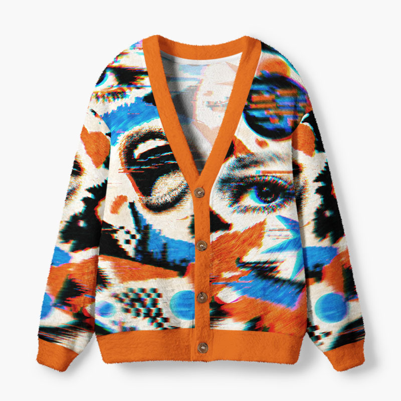 Soulisfree Reality Reflected In Pixels Fuzzy Cardigan Sweater