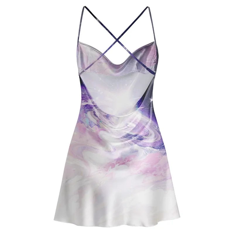 Soulisfree Dreamy Pink Nebula  Cowl Neck Satin Mini Dress
