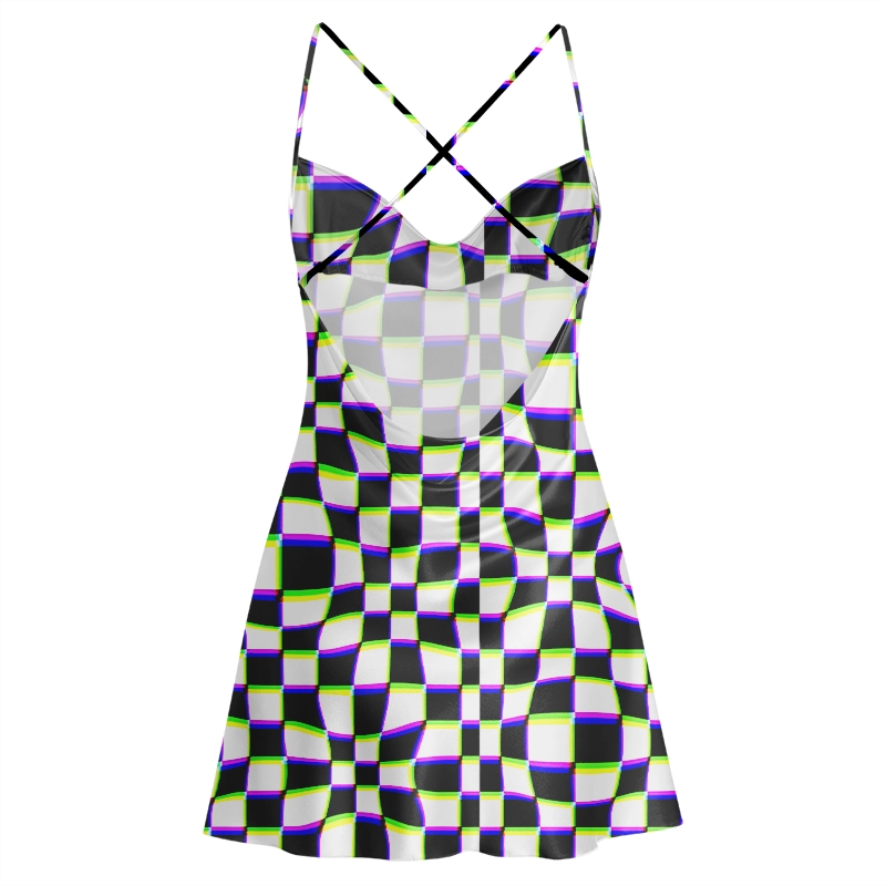 Soulisfree Psychedelic Chessboard Wave Cowl Neck Satin Mini Dress