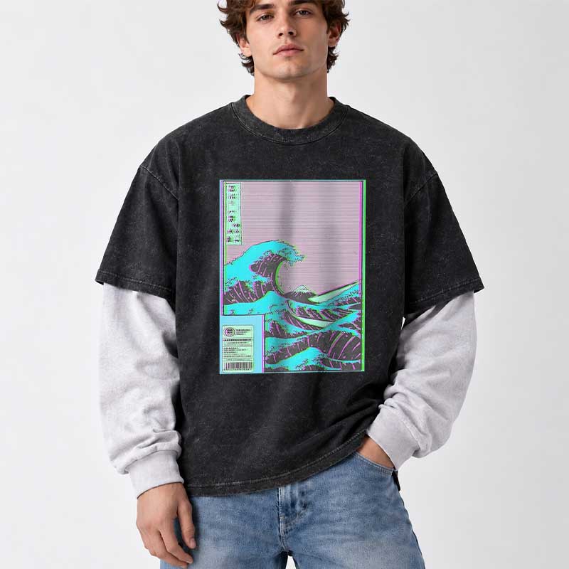Soulisfree  Neon Kanagawa Wave Layered Long Sleeve Tee