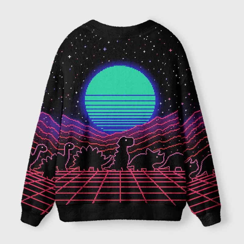 Soulisfree Retrowave Pixel Dinosaur Neon Sunset Fuzzy Cardigan Sweater 