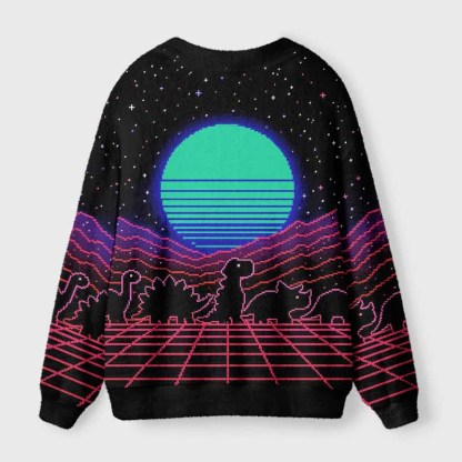 Soulisfree Retrowave Pixel Dinosaur Neon Sunset Fuzzy Cardigan Sweater 