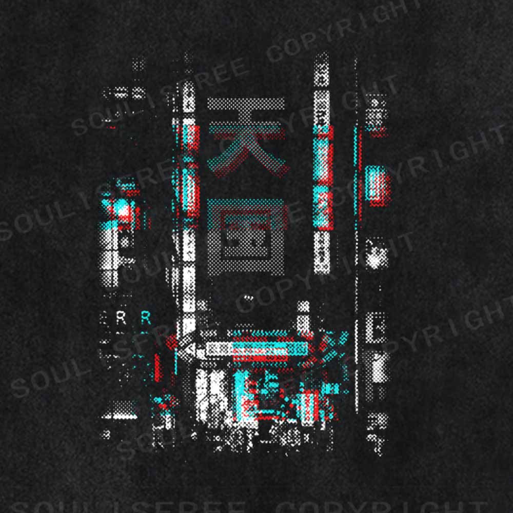 Soulisfree GLITCH ANAGLYPH ORIENTAL NEON STREET Washed Tee