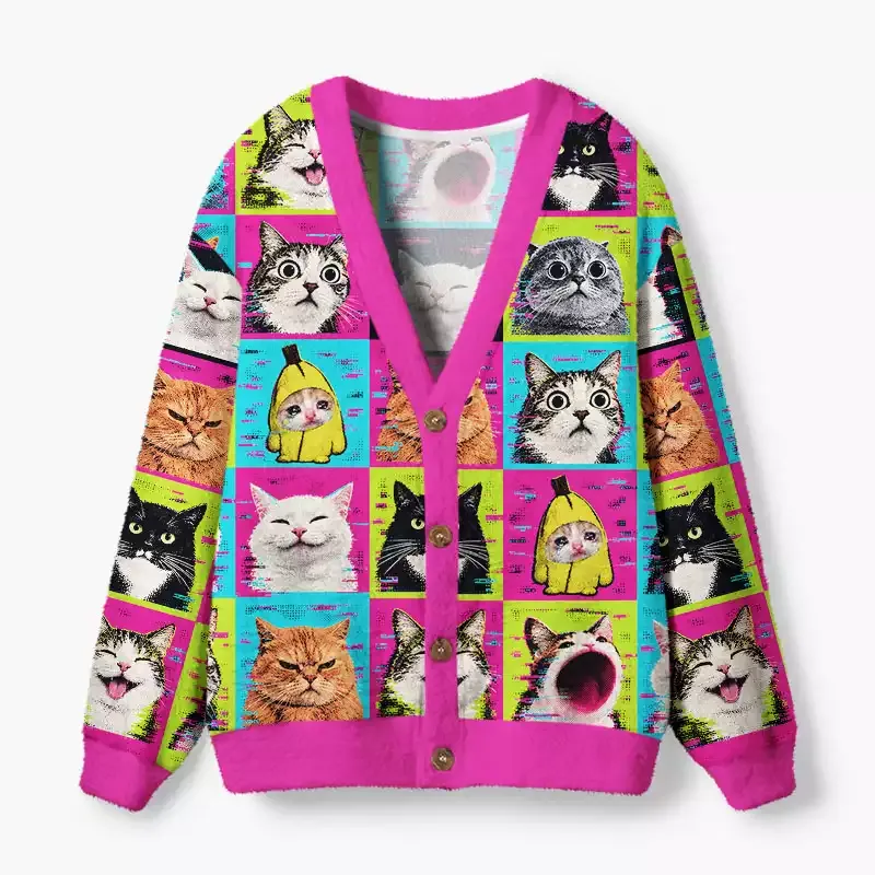 Soulisfree Cat meme grid Fuzzy Cardigan Sweater