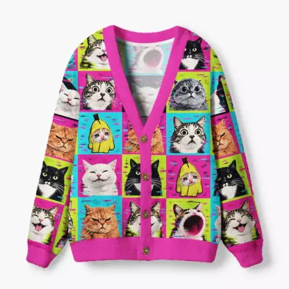 Soulisfree Cat meme grid Fuzzy Cardigan Sweater