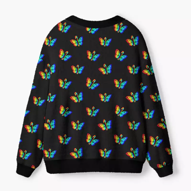 Soulisfree Rainbow Butterfly Fuzzy Cardigan Sweater