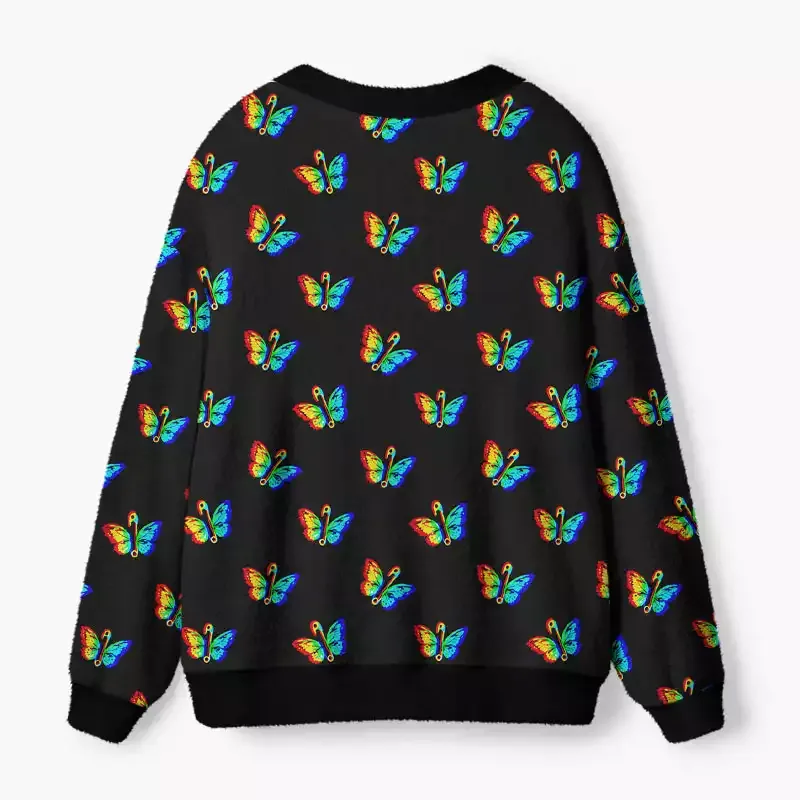 Soulisfree Rainbow Butterfly Fuzzy Cardigan Sweater