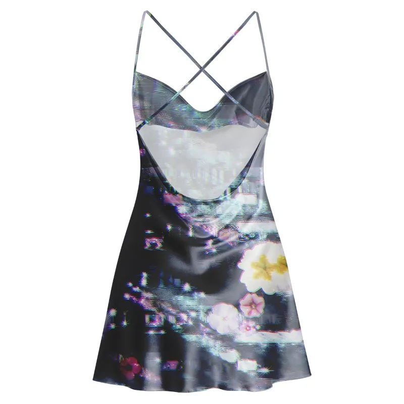 Soulisfree Dreamy Pixelated Blossom Waves Cowl Neck Satin Mini Dress