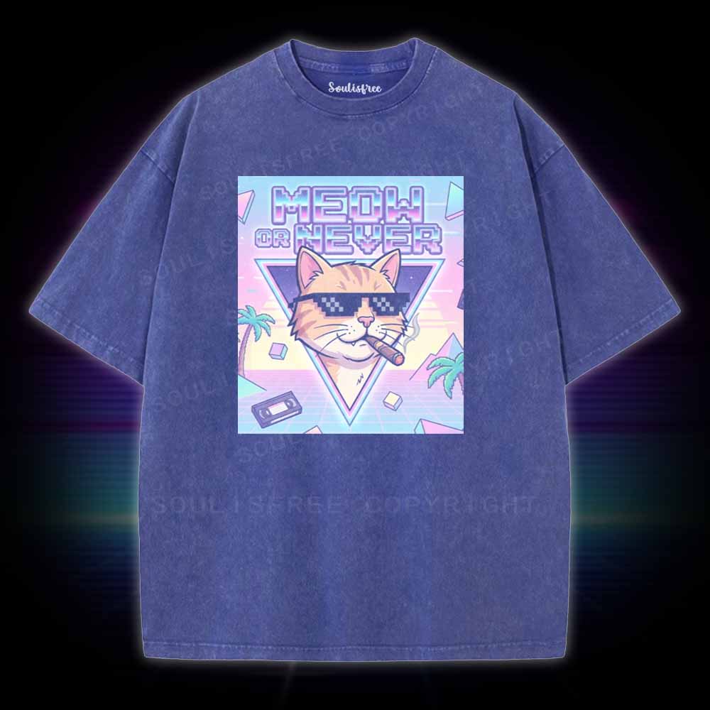 Soulisfree Meow Or Never Vaporwave Cat Washed Tee