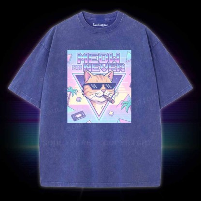 Soulisfree Meow Or Never Vaporwave Cat Washed Tee