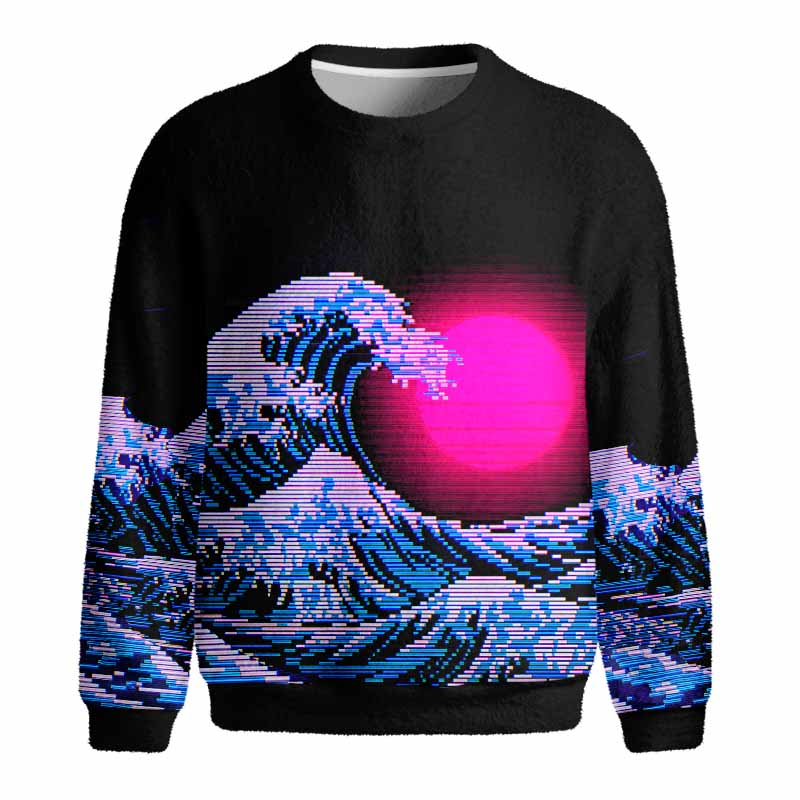Soulisfree Vaporwave Aesthetic Great Wave Off Kanagawa Fuzzy Crewneck Sweater