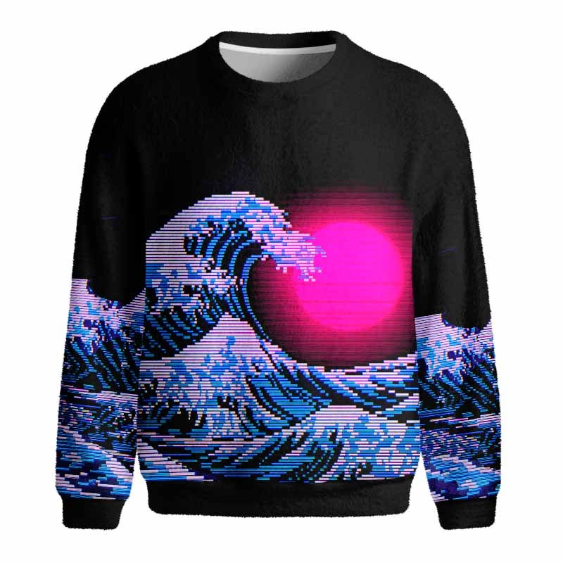 Soulisfree Vaporwave Aesthetic Great Wave Off Kanagawa Fuzzy Crewneck Sweater