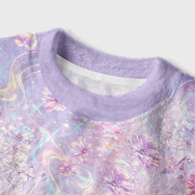 Soulisfree Iridescent Floral Fantasy Women's Fuzzy Crewneck Sweater