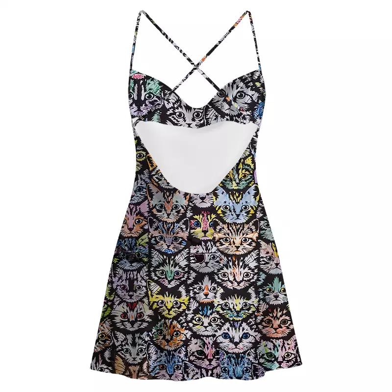 Soulisfree Rainbow Cat Crowd Satin Mini Dress