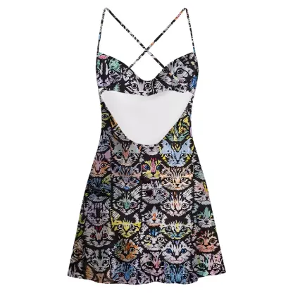 Soulisfree Rainbow Cat Crowd Satin Mini Dress