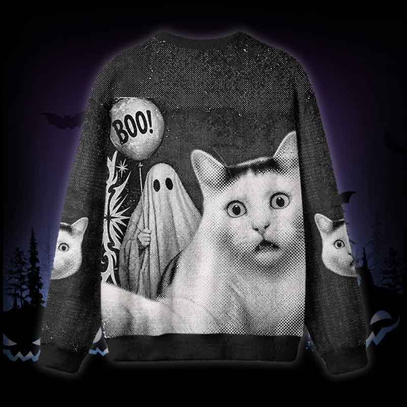 Soulisfree Spooked Cat Fuzzy Crewneck Sweater