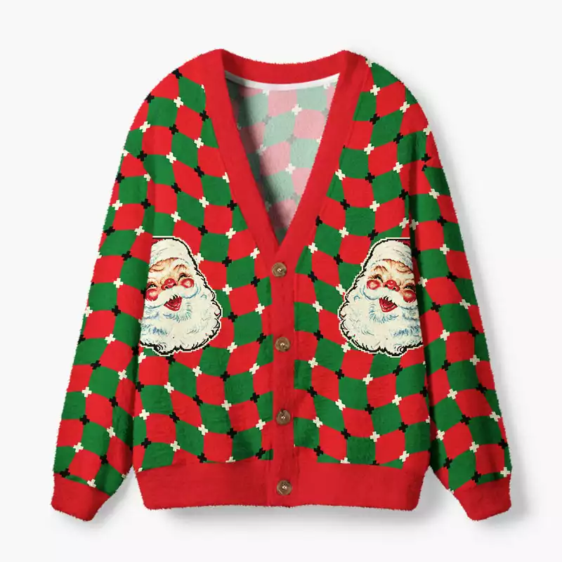 Soulisfree Vintage Santas on Wavy  Christmas Fuzzy Cardigan Sweater