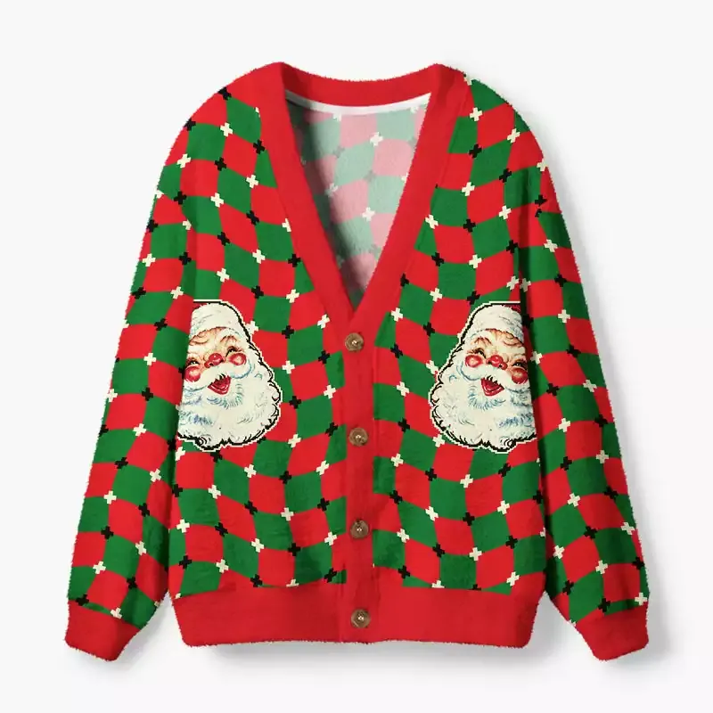 Soulisfree Vintage Santas on Wavy Christmas Fuzzy Cardigan Sweater