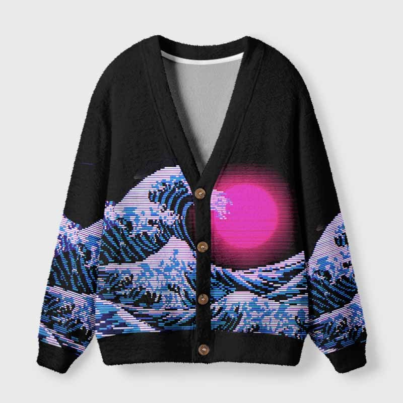 Soulisfree Vaporwave Aesthetic Great Wave Off Kanagawa Fuzzy Cardigan Sweater