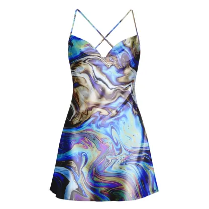 Soulisfree Colorful Swirl Pattern Cowl Neck Satin Mini Dress