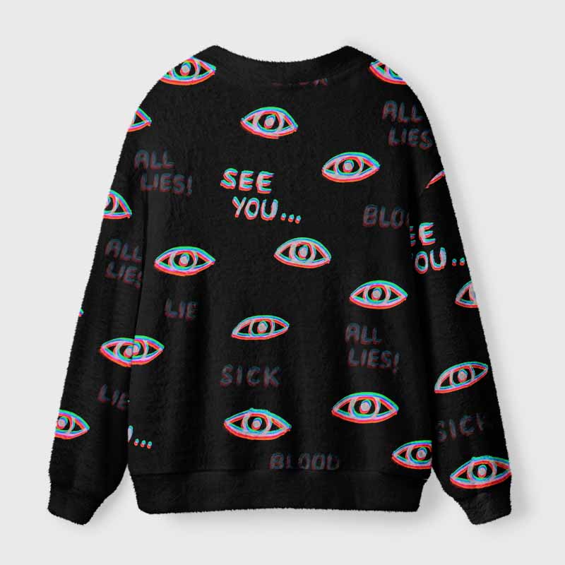 Soulisfree Glitch Neon All‑Seeing Eye Fuzzy Cardigan Sweater 