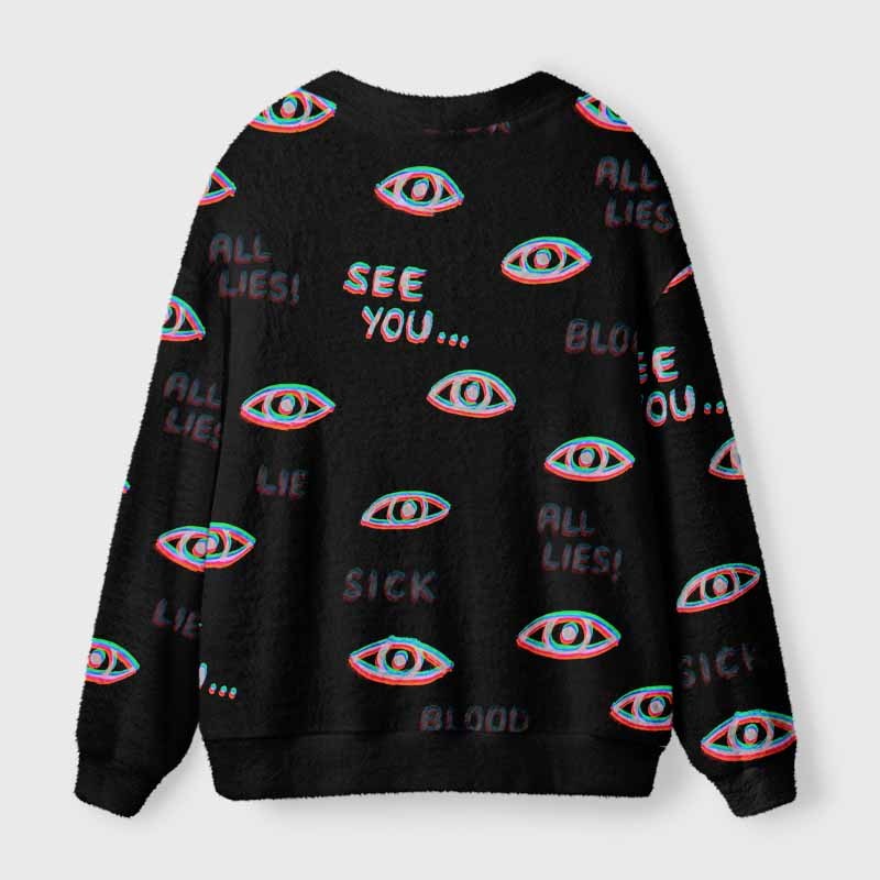 Soulisfree Glitch Neon All‑Seeing Eye Fuzzy Cardigan Sweater 