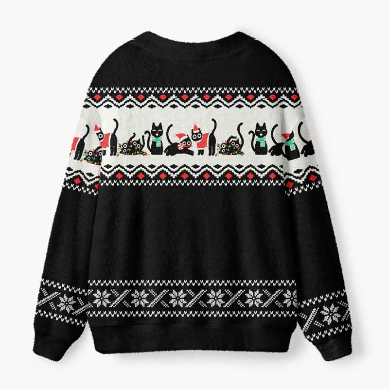 Soulisfree Christmas Black Cat Fuzzy Cardigan Sweater