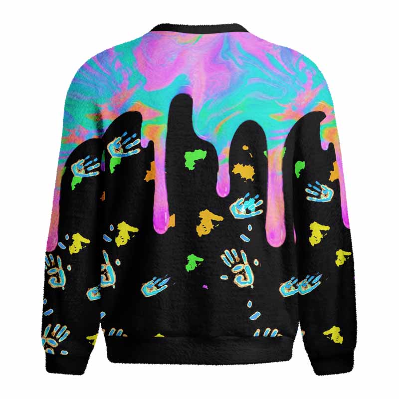 Soulisfree Neon Drip Galaxy with Floating Handprints Fuzzy Crewneck Sweater