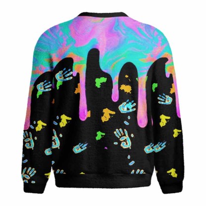 Soulisfree Neon Drip Galaxy with Floating Handprints Fuzzy Crewneck Sweater
