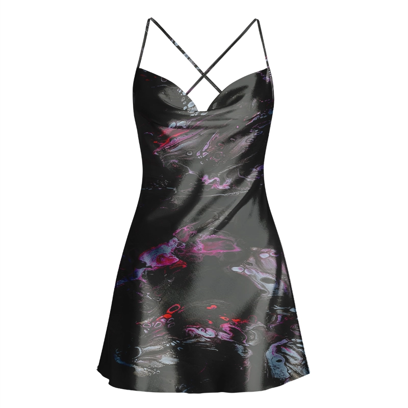 Soulisfree Neon Ink in Water Cowl Neck Satin Mini Dress