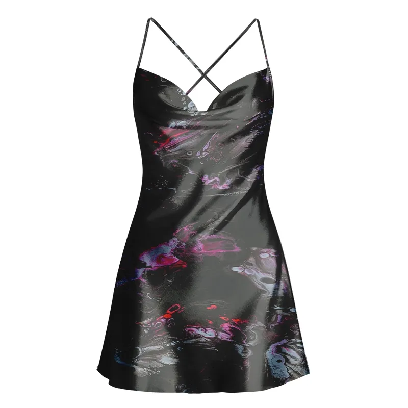 Designed Soulisfree Neon Ink in Water Cowl Neck Satin Mini Dress | Soulisfree