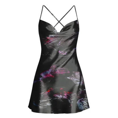 Soulisfree Neon Ink in Water Cowl Neck Satin Mini Dress