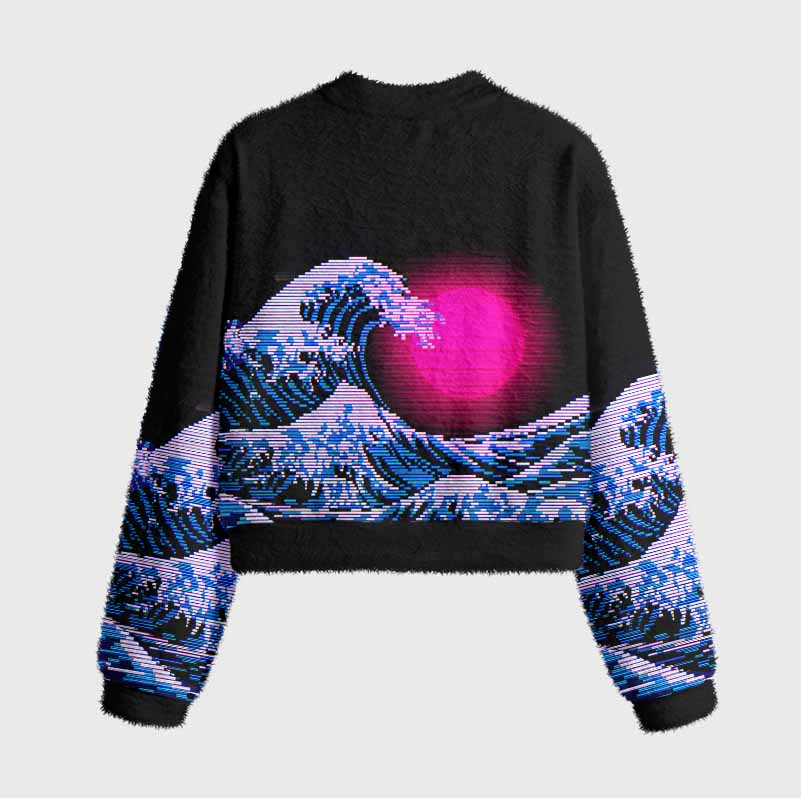 Soulisfree Vaporwave Aesthetic Great Wave Off Kanagawa Women's Fuzzy Crewneck Sweater