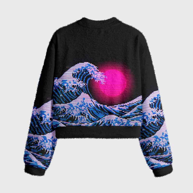 Soulisfree Vaporwave Aesthetic Great Wave Off Kanagawa Women's Fuzzy Crewneck Sweater