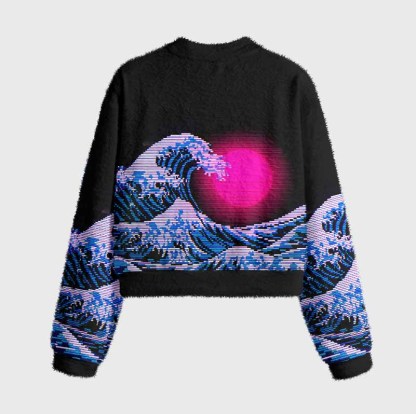 Soulisfree Vaporwave Aesthetic Great Wave Off Kanagawa Women's Fuzzy Crewneck Sweater