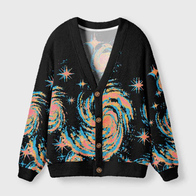 Soulisfree Neon Swirl Galaxy Fuzzy Cardigan Sweater 