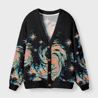 Soulisfree Neon Swirl Galaxy Fuzzy Cardigan Sweater 