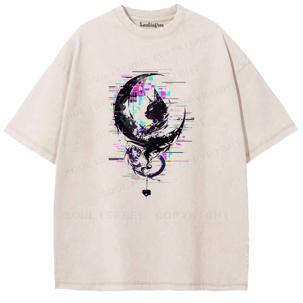 Soulisfree GLITCH CRESCENT BLACK CAT Washed Tee