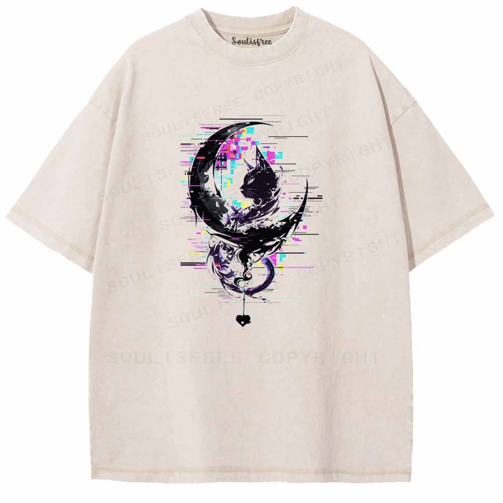 Soulisfree GLITCH CRESCENT BLACK CAT Washed Tee