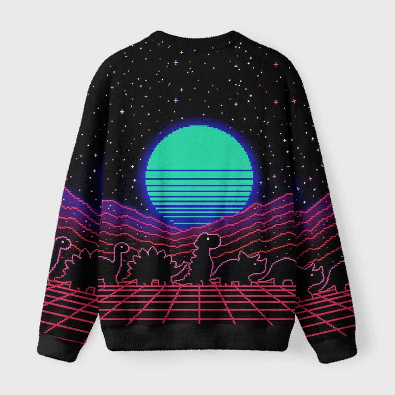 Soulisfree Retrowave Pixel Dinosaur Neon Sunset Fuzzy Crewneck Sweater