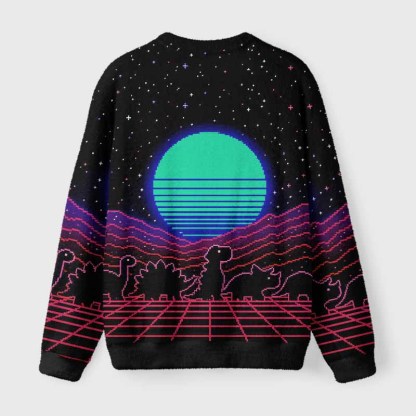 Soulisfree Retrowave Pixel Dinosaur Neon Sunset Fuzzy Crewneck Sweater