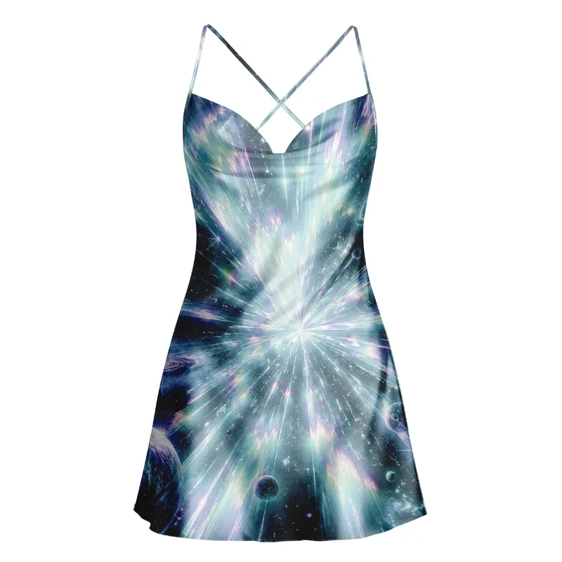Designed Soulisfree Cosmic Starburst Galaxy Cowl Neck Satin Mini Dress