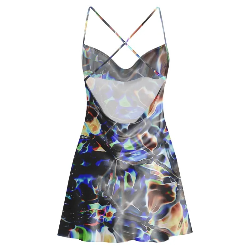 Soulisfree Cyber Rainbow Prism Cowl Neck Satin Mini Dress