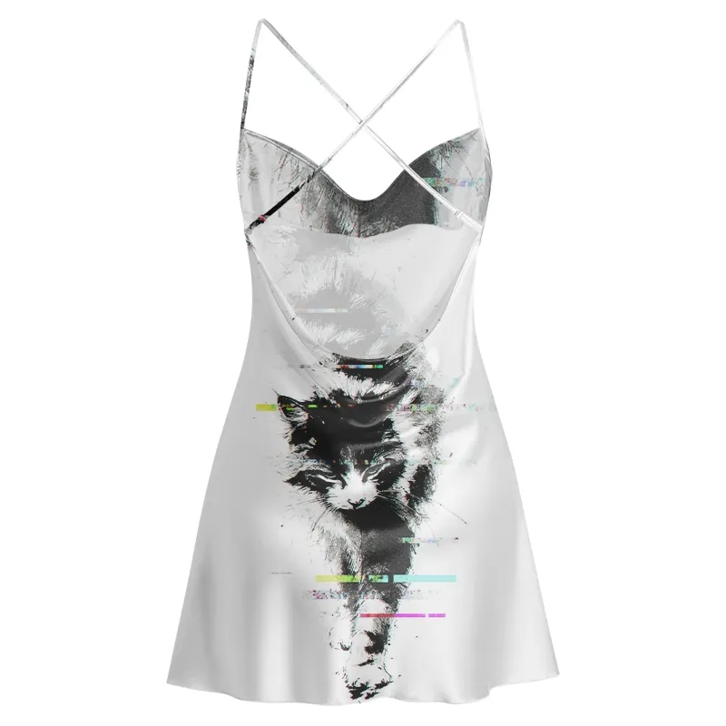Soulisfree Glitch Black Cat Cowl Neck Satin Mini Dress